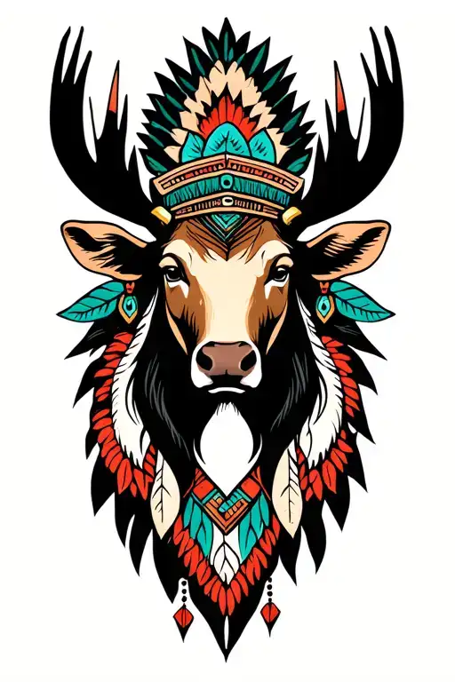 Moose Head With Feminine Qualities And Native American And Art Deco Elements