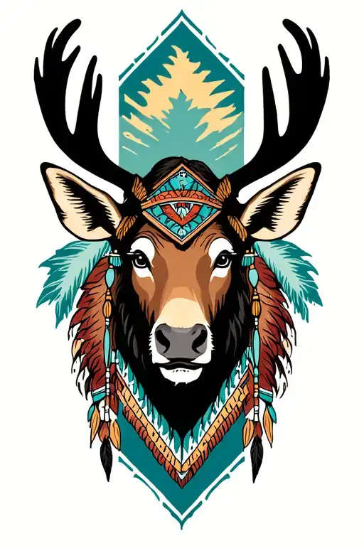 North American Moose Head With Feminine Qualities And Native American And Art Deco Elements