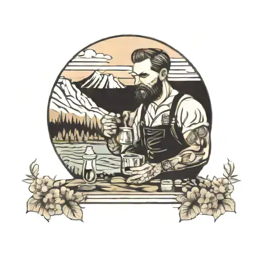 A Barman Pouring A Drink While Meditating In A Mountain Landscape