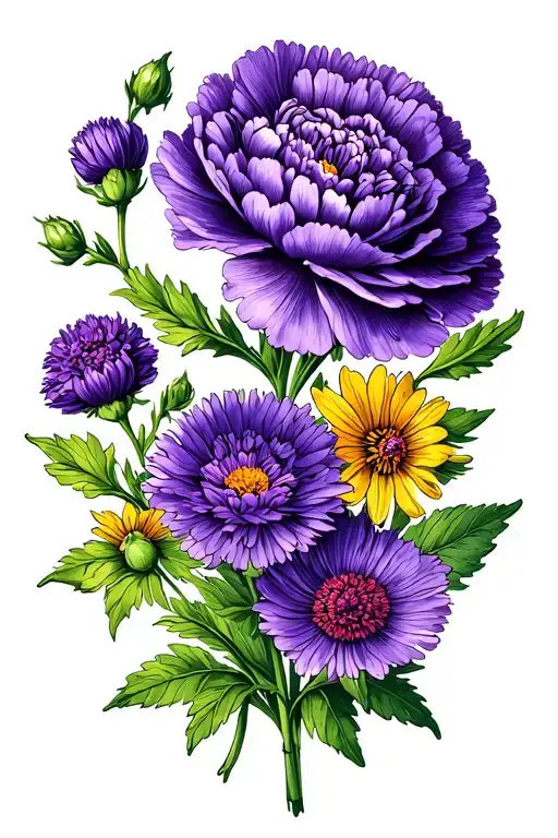 One Carnation Flower Violet Flower And Aster Bouquet