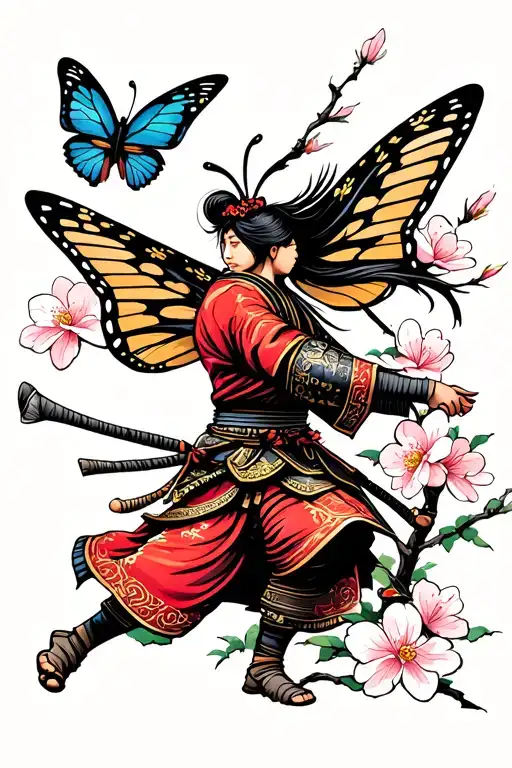 Cherry Blossoms Butterfly Flying Samurai Warrior