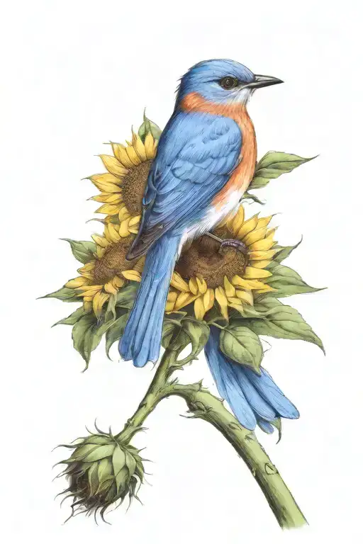 Northeastern Bluebird Sitting On A Sunflower