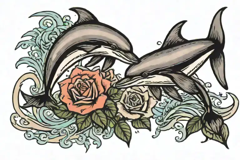 Two Dolphins Jumping Out Of The Water Over A Rose Tramp Stamp