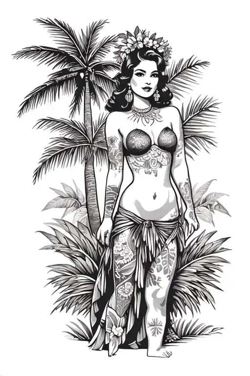 Hula Girl Pin Up With Tattoos Standing With Palm Tree