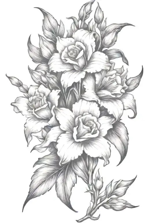 Gladiolous Flowers Grouped With Daffodil And Red Rose