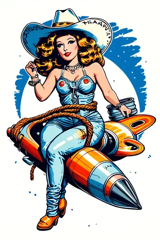Pinup Girl With Lasso Wearing A Cowboy Hat Riding A Saturn V Rocket