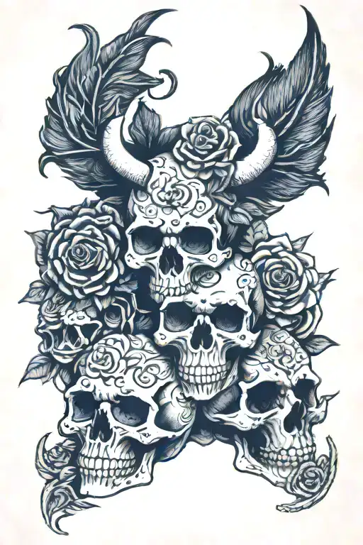3 Skulls Stacked One With Mandala One With Rose One With Horns