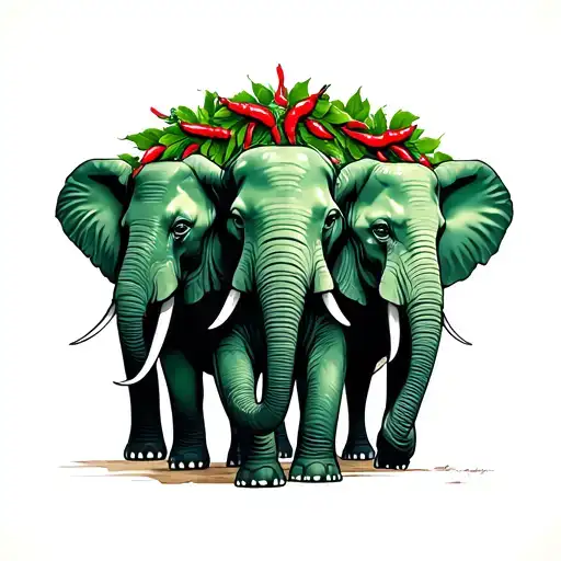 Three Jade Elephant Walking In Front Of Each Other With A Green And Red Chile Wreath