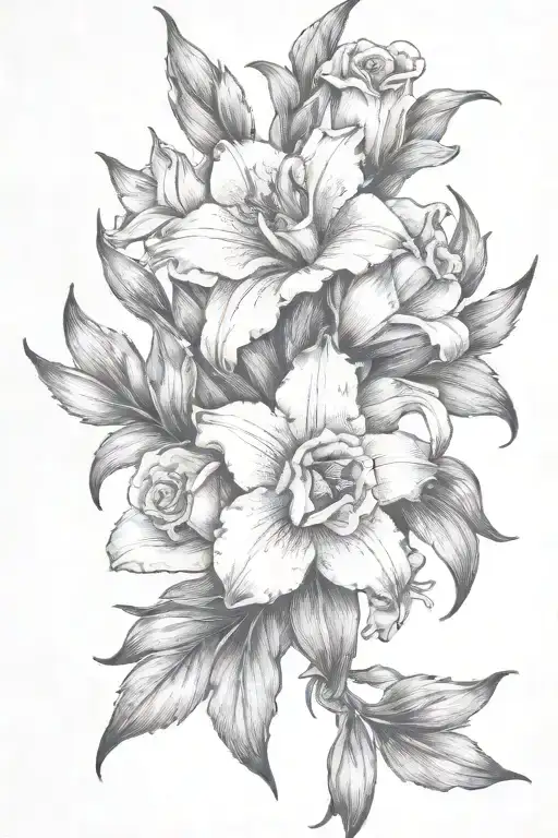 Gladiolous Flowers Grouped With Daffodil And Red Rose