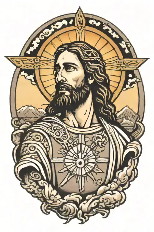 Jesus Looking Into The Sun Setting In Background