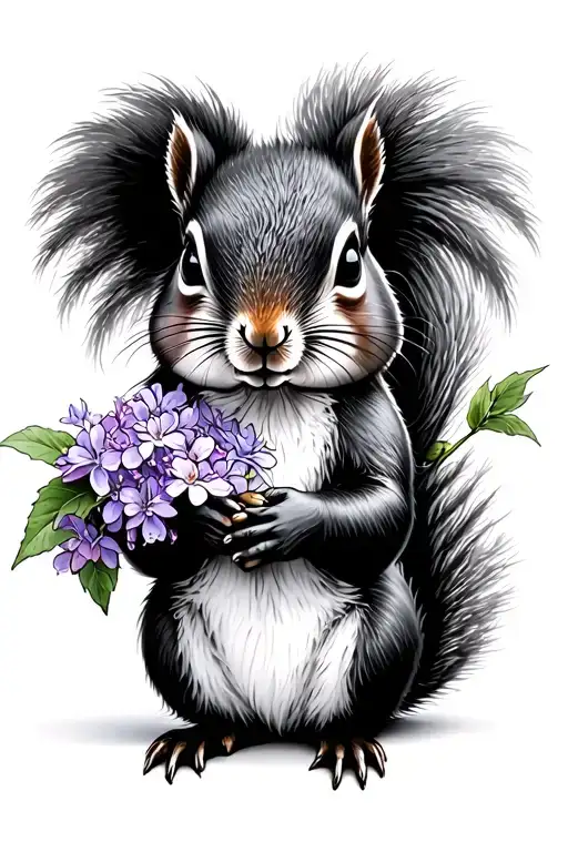 Black And White Squirrel Holding Lilac