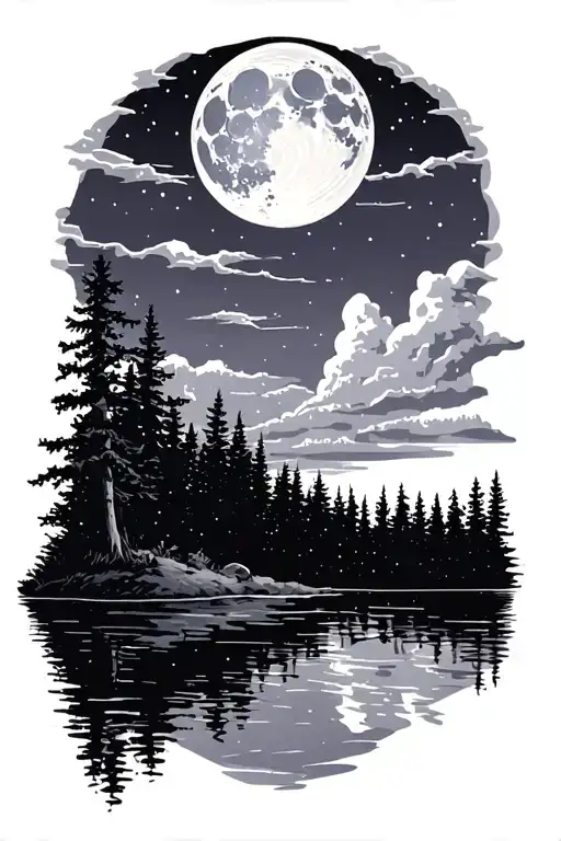 A Calm Night Sky With The Moon Up And A Still Water Reflection Of The Moon With A Forest Next To It
