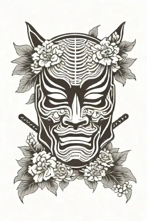 Samurai Mask With Floral Background
