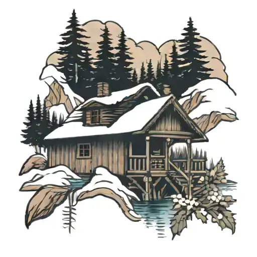 Mountain With A River Cabin Covered In Snow