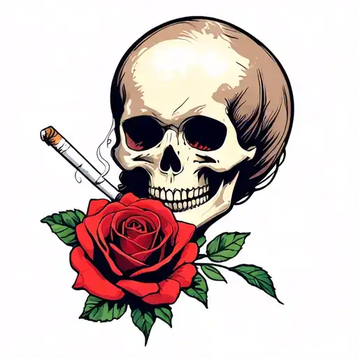 Female Half Skull Smoking Cigarette With Rose Intertwined