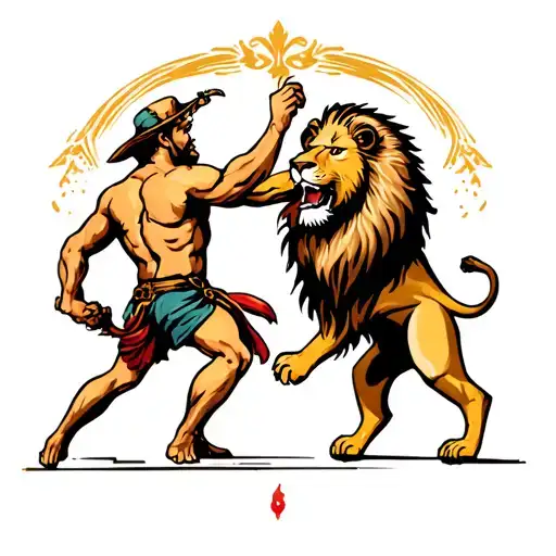 Man And Lion Fighting Each Other