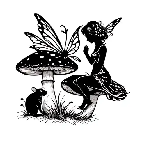 A Fairy Sitting On A Mushroom And A Mouse Next To The Mushroom