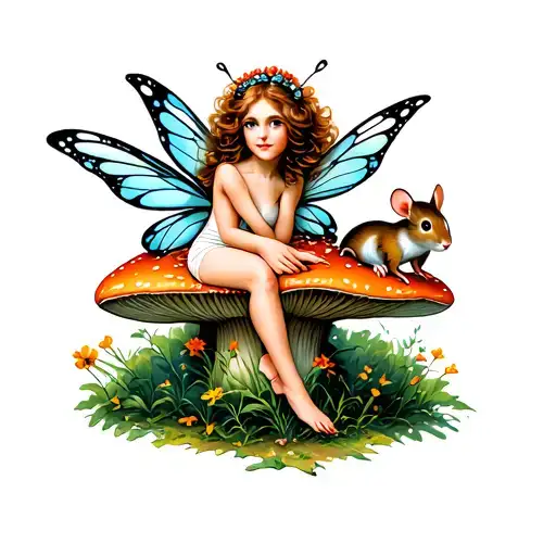 A Fairy Sitting On A Mushroom And A Mouse Standing By It