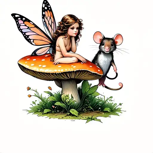 A Fairy Sitting On A Mushroom And A Mouse Standing By It
