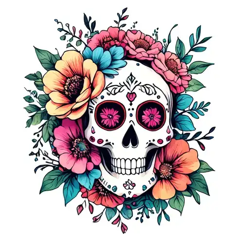 Day Of The Dead Tattoo With Flowers And Skulls