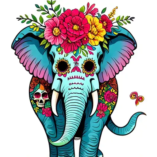 Day Of The Dead Elephant With Flowers And Skulls