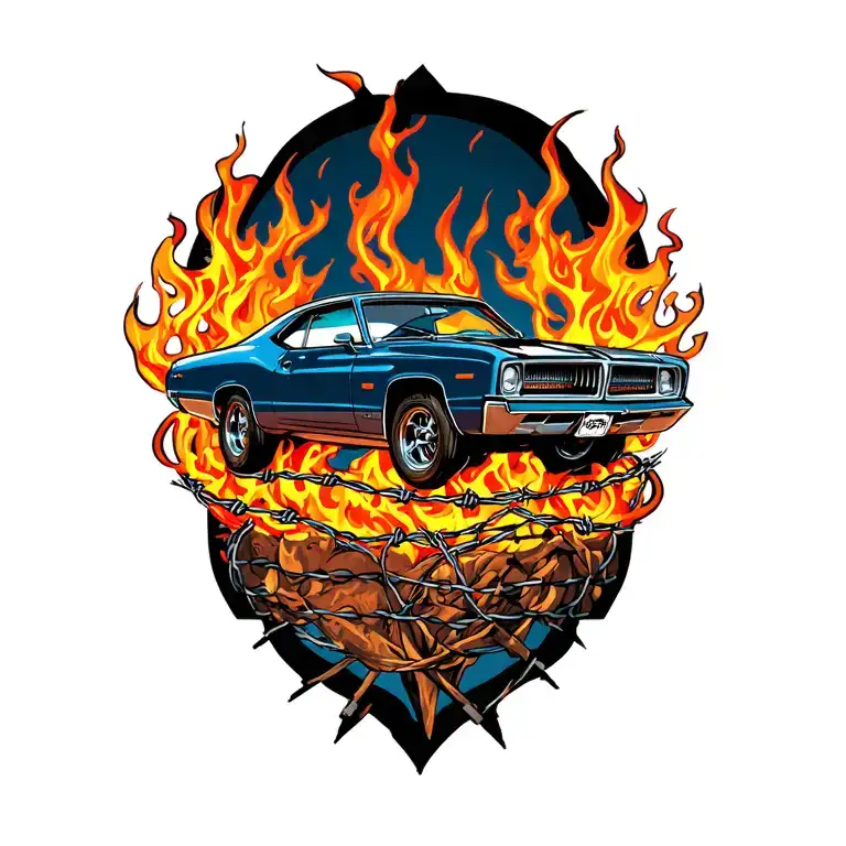 Mopar In Flames With Barbed Wire Wrapped