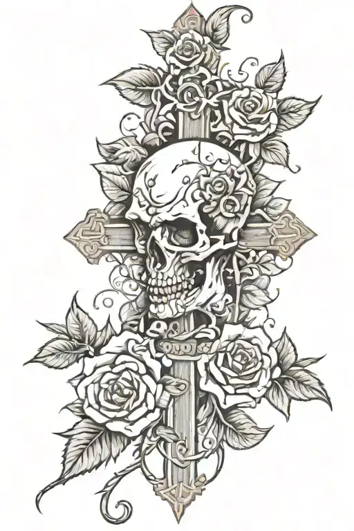 A Rose Vine Running Up A Cross With Demon Skulls
