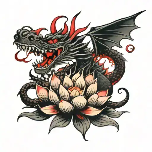 Black Dragon With Red Eyes And Lotus Flower