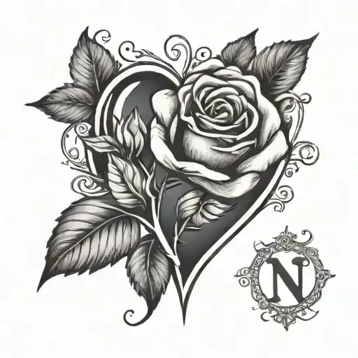 Lifelike Modern Simple Design Heart Tattoo With A Rose And The Letter N