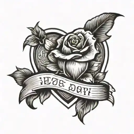 A Love Heart With A Single Rose Inside It And A Banner Running Across It