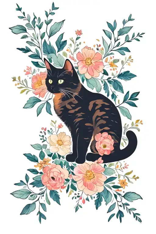 Cat Silhouette With Faded Tabby Markings With Florals Inside The Cats Body