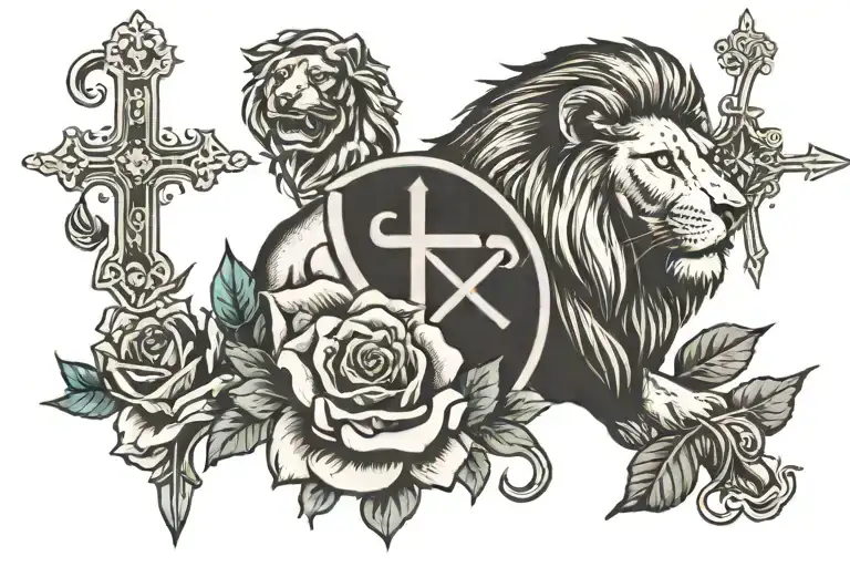 Religious Cross Rose Lion Warrior