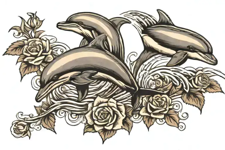 Two Dolphins Jumping Out Of The Water Over A Rose