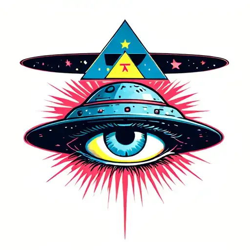 A Detailed But Simple Tattoo Design Featuring A Ufo And Illuminati Eye In 3D Anaglyph Style