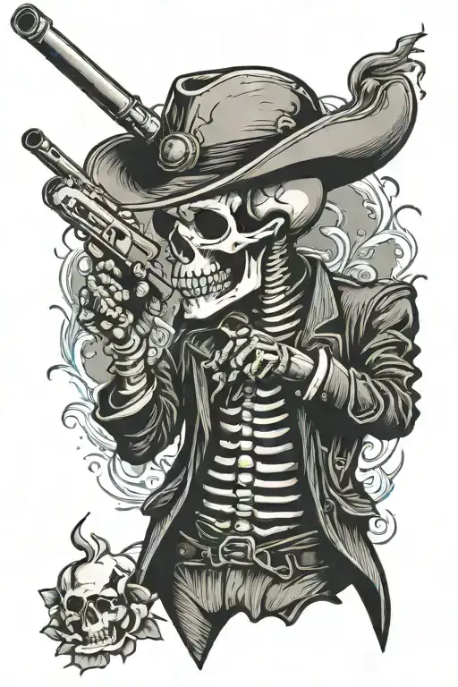 Skeleton Smoking Cigarette Pointing Gun