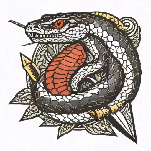 Red And Black Rattlesnake Wrapped Around An Arrow