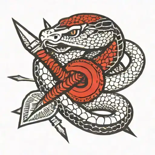 Red And Black Rattlesnake Wrapped Around An Arrow