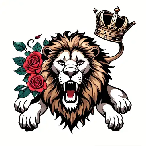 Lion Roaring With A Crown And Roses