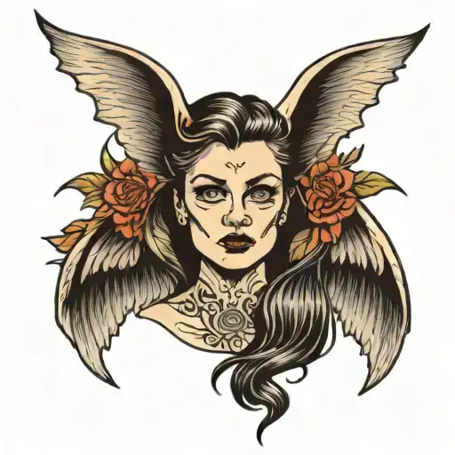 Head Of A Woman Body And Wings Of A Bat Flying