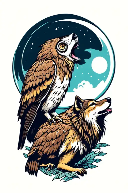 Owl And Wolf Howling At The Moon