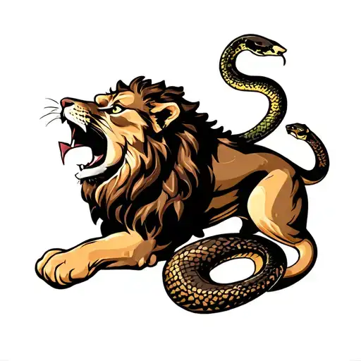 Lion In Panther Stance With Snake In Mouth Open