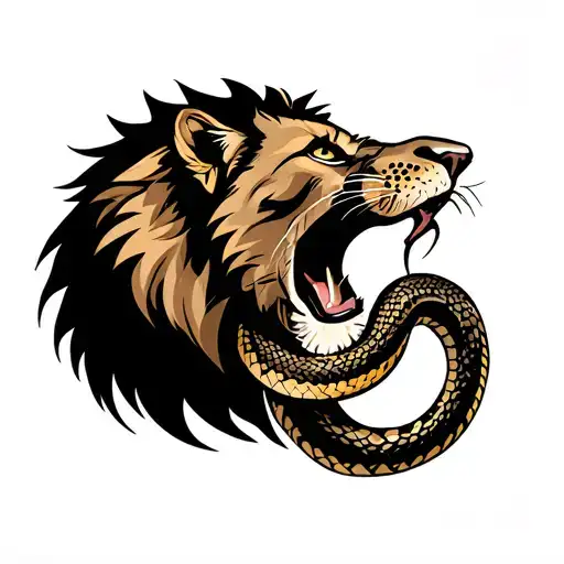 Lion In Panther Stance With Snake Inside Mouth Full Body