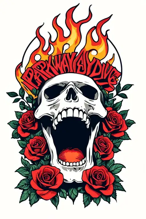 Parkway Drive Logo In The Open Mouth Of A Skull Surrounded By Roses And Flames
