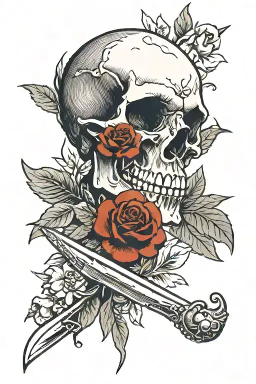 Flowers Surounding A Scull With A Knife Stabing Through It