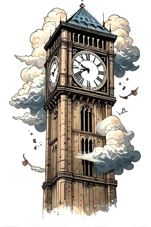 Clock Tower Surrounded By Clouds Floating With Roman Numerals And Coordinates Next To It