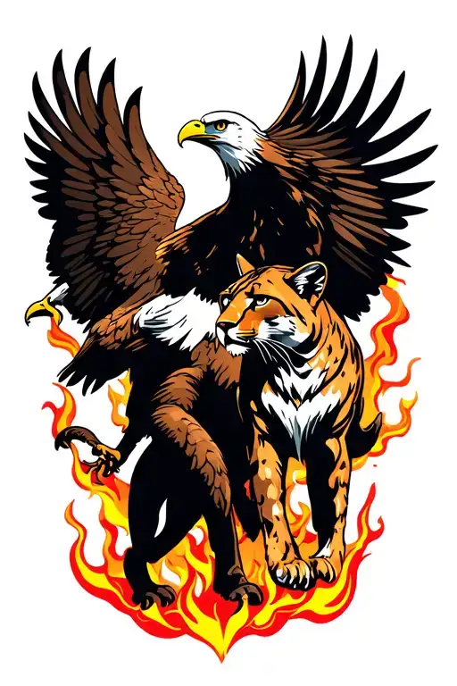 Battle Royal Between A Bald Eagle And A Tan Cougar With Flames In The Background