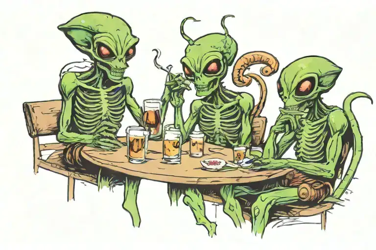 4 Alien Friends Drinking And Smoking Having Fun Fact