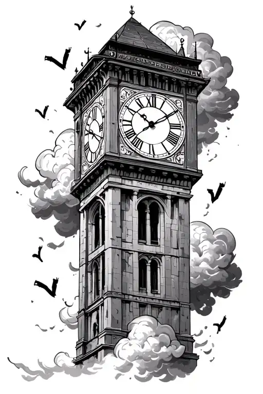 Clock Tower Surrounded By Clouds Floating With Roman Numerals And Coordinates Next To It