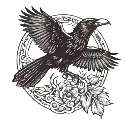 Raven Crow Flying Traditional Blackwork