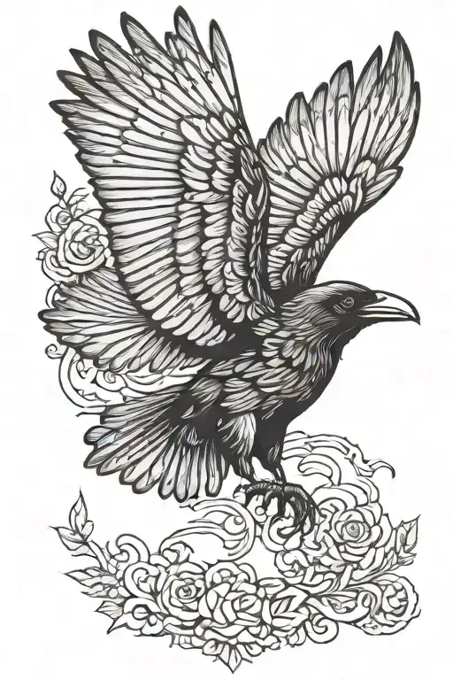 Raven Crow Flying Traditional Blackwork